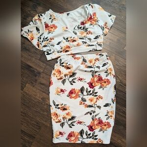 SHEIN Two Pc Cream Pencil Skirt with Orange and Rust Rose Print & Matching Top